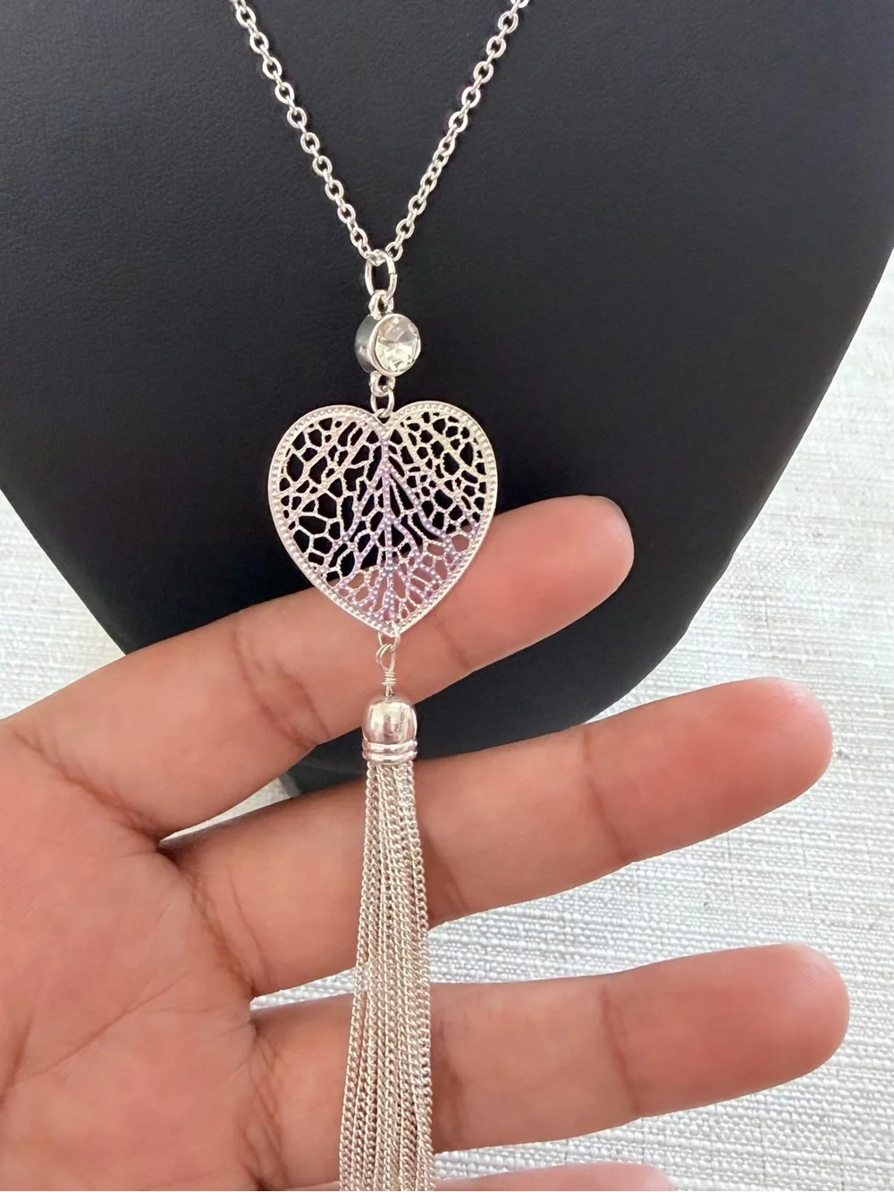Lauren Conrad Silver Heart Filigree Tassel Necklace - 32 in - Picture 3 of 6